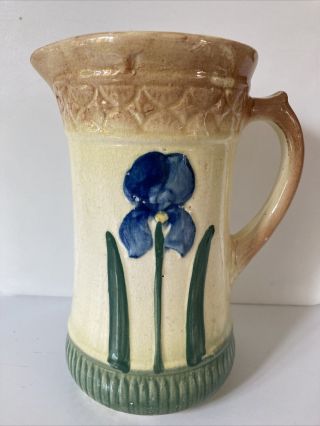 Antique 1912 Brush Mccoy Pottery Hand Painted Iris Pitcher