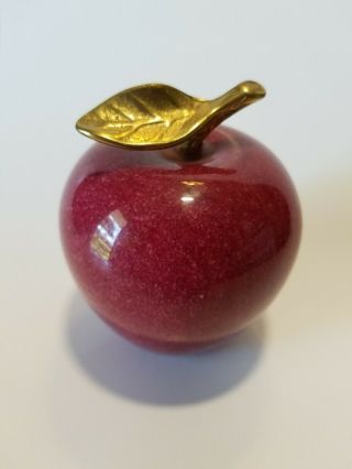 Vintage Red Polished Marble Apple Paperweight With Brass Leaf Teacher Gift 3 ".