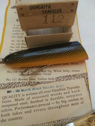 Vintage Ouachita Traveler lure from Camden,  AR; Black Scale,  Yellow; correct box 2