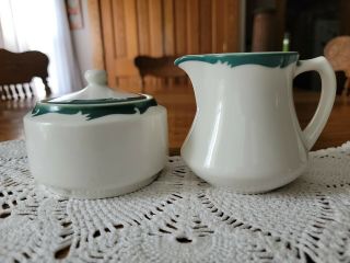 Vintage Syracuse Pottery Restaurant Ware Sugar Creamer Set Green On White