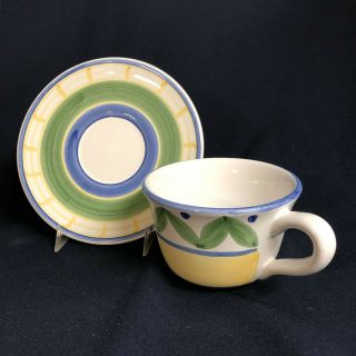 Williams Sonoma " Marisol " Large Cup & Saucer Italy 12 Oz Green Blue Yellow Band
