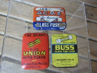 3 Vintage Fuse Advertising Tins Acme,  Union Ad Buss With Fuses