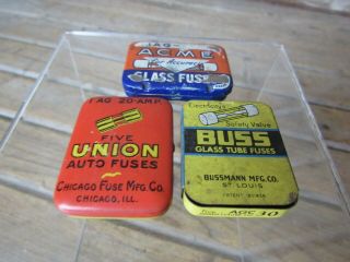 3 Vintage Fuse Advertising Tins Acme,  Union ad Buss with Fuses 2