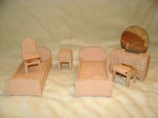 Vintage Strombecker? Dollhouse Miniature Bedroom Set Pink Wooden