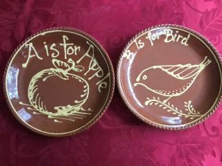 Set Of 2 Pair Signed Ken Henderson Redware Slipware A Is For Apple B Is For Bird