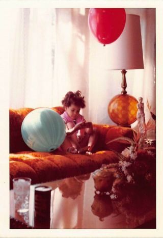 Vtg 70s Photo San Francisco Girl Sitting In Sofa W/ Ball & Balloon 3