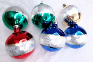6 Vintage Glass Christmas Ornaments Solid Green Colors W/ Pearly Inlay Stripe