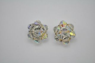 Vintage Iridescent Clear Cut Glass Aurora Borealis Crystal Round Clip Earrings