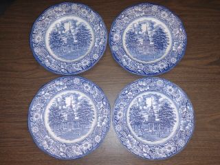 Staffordshire Liberty Blue Dinner Plates 10 " Independence Hall Colonial Set Of 4