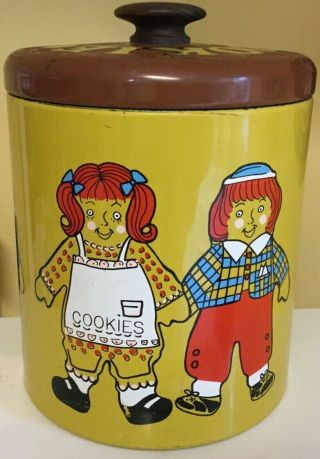 Vintage Raggedy Ann & Andy Tin Cookie Jar By Ransburg Made In Usa