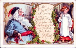 Christmas Blue Robe Santa Talks On Antique Wall Phone Girl Gold Emboss Postcard