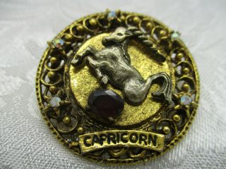 Vintage Estate Jewelry Signed Art Capricorn Zodiac Garnet Rhinestone Brooch Pin