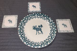 Vtg Folk Craft Moose Country 12” Platter,  3 Trivet Green Tienshan