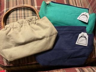 Vintage Bermuda Bag Bamboo Handles W/ 3 Reversible Covers 1970s/1980s