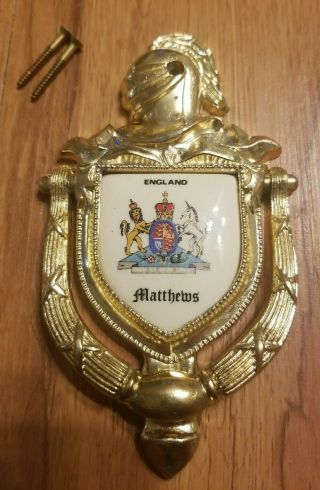 Brass Door Knocker Knight W Matthews England Coat Of Arms Insert