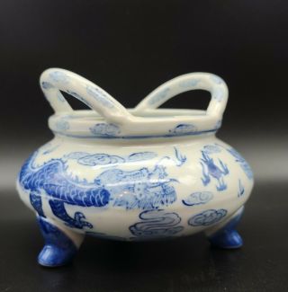 Vintage Chinese Dragon Porcelain Footed Planter Vase W Handles Asian