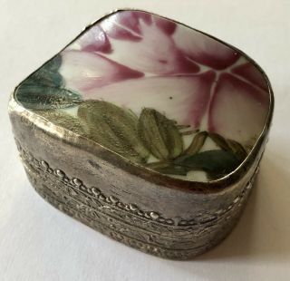 Antique Porcelain Top Ming Or Ching Dynasty Silver Tone Detailed Trinket Box