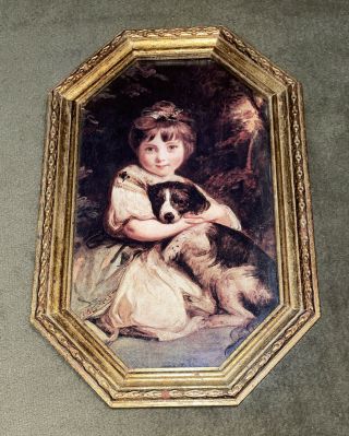 Vintage Framed Print Of Young Child With Her Dog,  Made In Italy