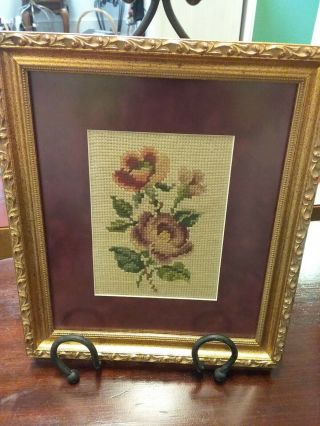 Vintage Framed Crewel Floral Yarn Art Set Of 2 In Gold Wooden Frames