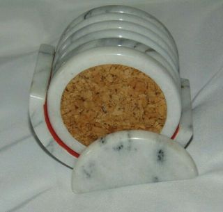 Set Of 6 Vintage White Marble W/cork 3.  5 " Drink Coasters With Holder
