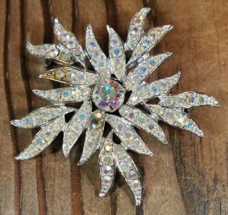 Vintage Sarah Coventry Brooch Pin Aurora Borealis Rhinestones Flower Sunburst