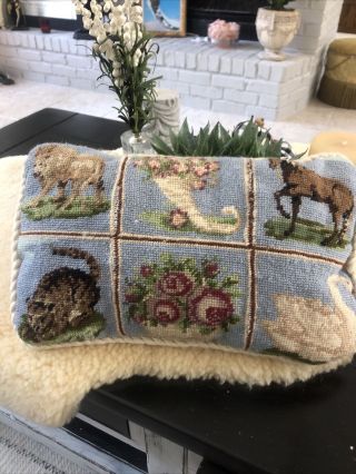 Vintage Completed Needlepoint Pillow Shabby Chic Cottage Cat Horse Swan Rose