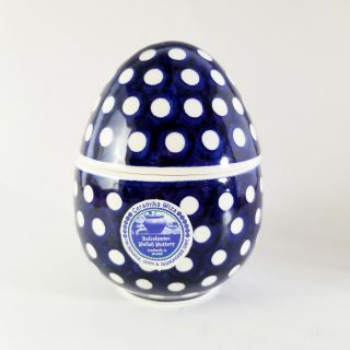 Boleslawiec Polish Pottery Egg Navy Blue Polka Dot 5.  25 " Poland