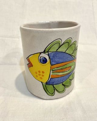 Desimone Large Coffee Mug Cup Pottery Fish Folk Art Italy 64 Signed Hand Painted