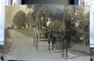 Antique Real Photo Postcard Couple In Carriage Horse Veil Rppc Postcard