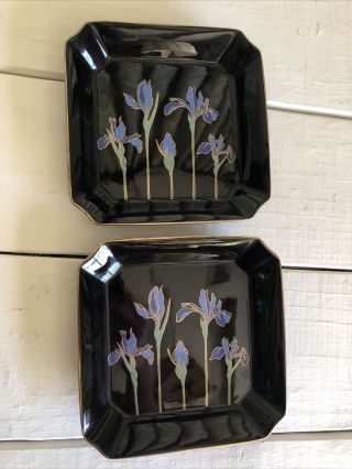 2 Vintage Otagiri Japan Blue Iris Black Square Plates Set 6 " Mcm Euc