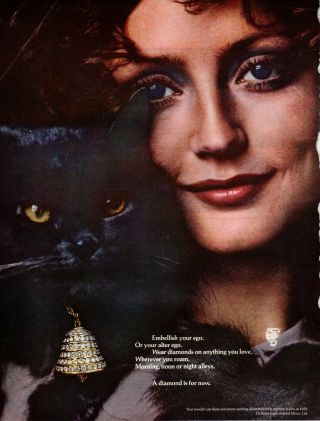 Vintage Beauty Fashion Ad 1970s Jewelry De Beers Diamonds On Black Cat Bell Cute