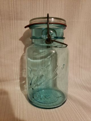 Vintage Ball Ideal Quart Blue Glass Canning Mason Jar Wire Bail Lid Seal 8