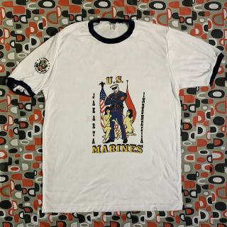 Vtg Marines American Embassy Jakarta Indonesia Single Stitch L Ringer T - Shirt