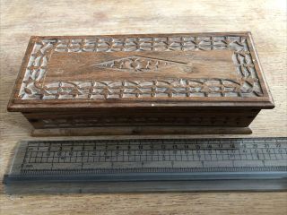 Vintage Carved Wooden Pencil Box With Hinged Lid & Velvet Lined