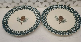 Tienshan Folk Craft Green Pine Cone Dinner Plates 10 " Set Of 2 Sponge Ware