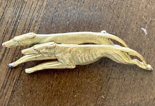 Art Deco Antique Brass Brooch With 2 Racing Greyhounds