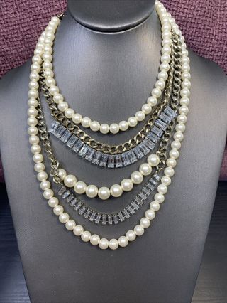 Vintage White Faux Pearl Rhinestone Gold Chain Multi Strand Layers 22”necklace