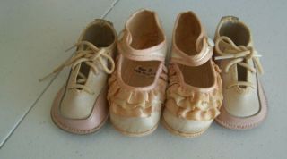 2 Pair Antique Baby / Doll Shoes - 1 Pair Satin,  1 Pair Leather White/pink