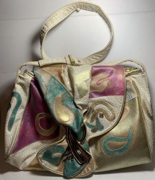 Vintage Patchwork Shoulder Bag Purse Alentino White Gold Pinks Aqua Faux Leather