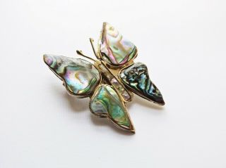 Vintage Butterfly Brooches Set Of 3 Enamel,  Abalone Shell Antique Silver Tone