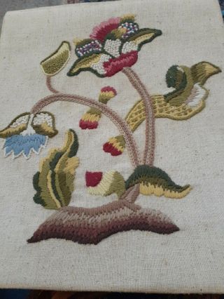 Vintage Crewel Embroidery Flower Vine Finished On Burlap