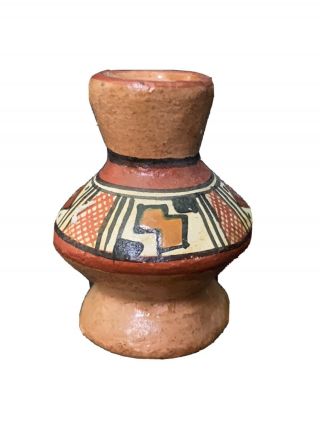 Vintage Miniature Native American Clay Vase Hand Painted Geometric Design 1.  5 "