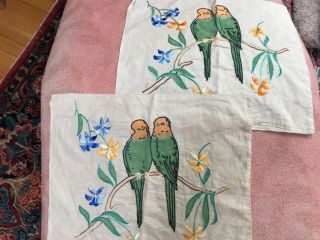 Charming Vintage Hand Embroidered Pillow Covers Parrots Linen Color