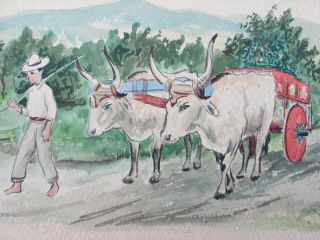 Vintage Watercolor Farmers Water Buffalo Cart With Costa Rica Irazu Volcano View