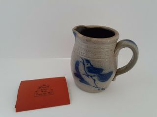 Rowe Pottery Salt Glazed 1 Pint Creamer Syrup Pitcher,  Blue Bird,  Stamped,  Nos