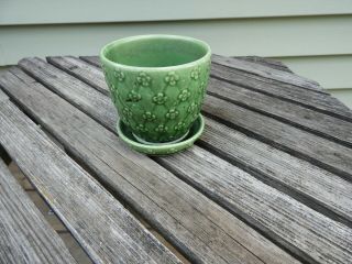 Vintage Usa - Shawnee 454 Pottery/planter Flower Pot W/attached Saucer Green