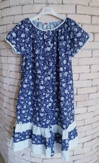Rainbow Nightgown S True Vintage 60s / 70s Blue Floral Cotton Blend Made In Usa