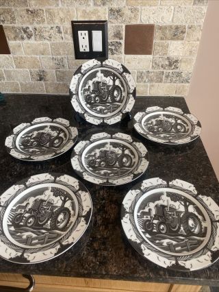 6 - Slice Of Life Tractor 222 Fifth Black & White 8”salad Plates By Chris Gall