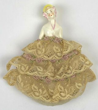 Antique German Porcelain Lady Figure Powder Puff Make Up Vanity Half Doll