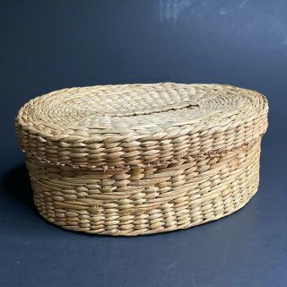 Small Vintage Hand Woven Sweetgrass Lidded Oval Basket Trinket